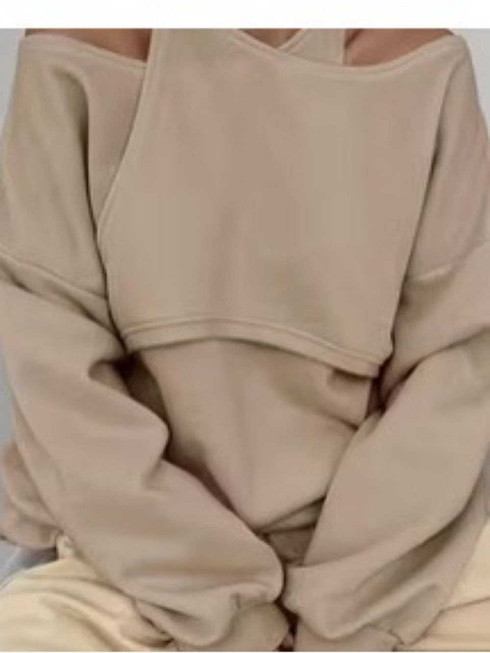 Beige Cold-Shoulder Boxy Pullover Hoodie for Women